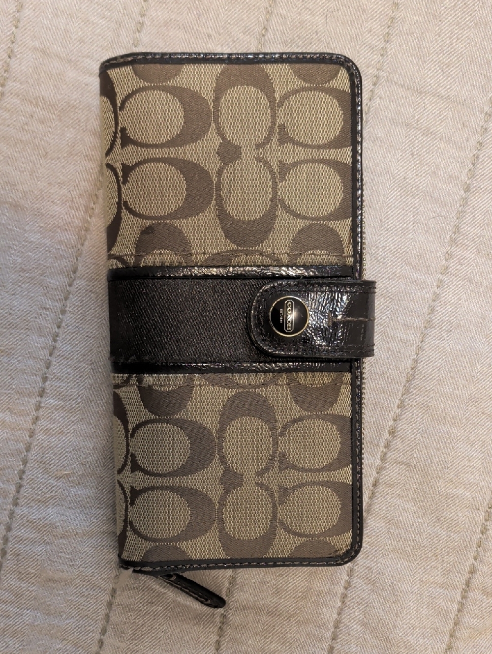 Coach Khaki and Brown Signature Continental Wallet